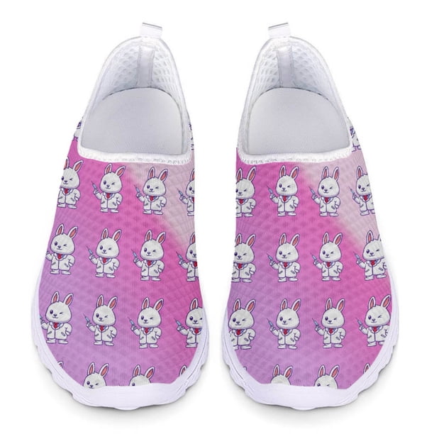 Zapatos planos casuales de verano para mujer, zapatillas sin cordones, con estampado de conejito de enfermera de dibujos animados Kawaii, de malla transpirable, para enfermera de hospital