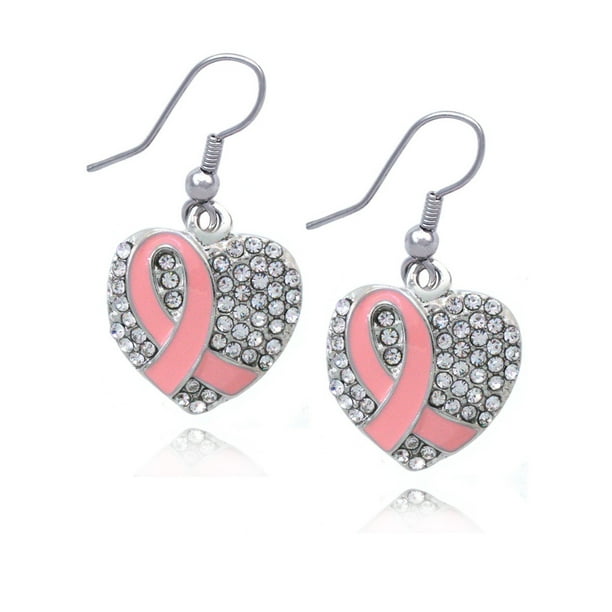 Support Breast Cancer Awareness Pink Ribbon Heart Earrings (Clear Pave  Heart Hook)