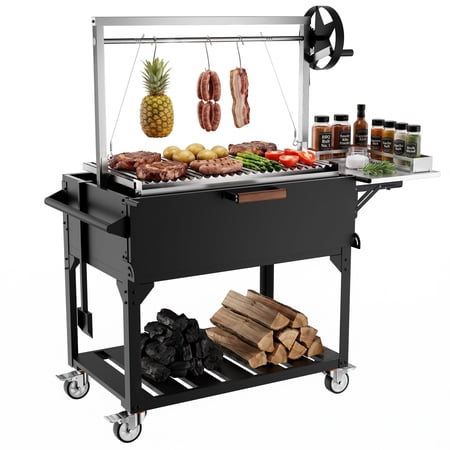 LuckyNote Argentine Santa Maria Wood Fire & Charcoal BBQ Grill with Adjustable Grates, Fire Bricks, S-Hooks, Foldable Table, Black