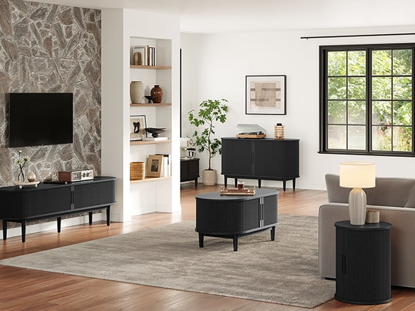 LINSY HOME Fluted Coffee Table with Storage, Mid-Century Coffee Table for Living Room with Sliding Tambour Door, Black