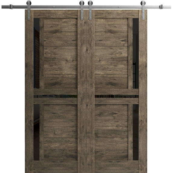Sturdy Double Barn Door 64 x 80 inches with | Veregio 7588 Cognac Oak with Black Glass | Stainless Steel 13FT Rail Hangers Heavy Set | Solid Panel Interior Doors