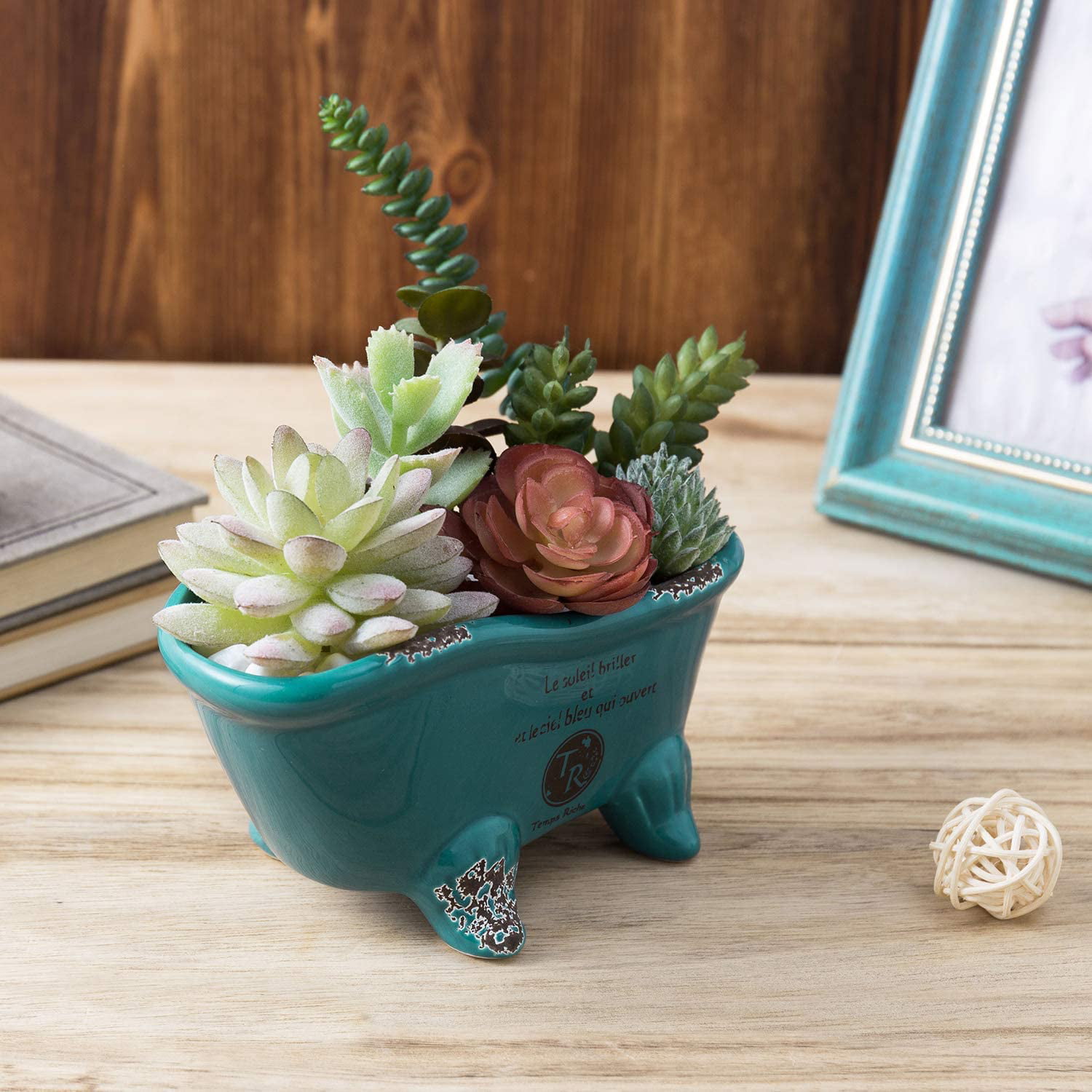 MyGift 6 Inch Turquoise Porcelain French Claw Foot Bathtub Planter Pot Soap Dish 