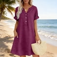 thumbnail image 5 of IUYRTFE Women's Plus Size Cotton Linen V-Neck Button Down Short Sleeve Shift Dress with Pockets Summer Casual, 5 of 6