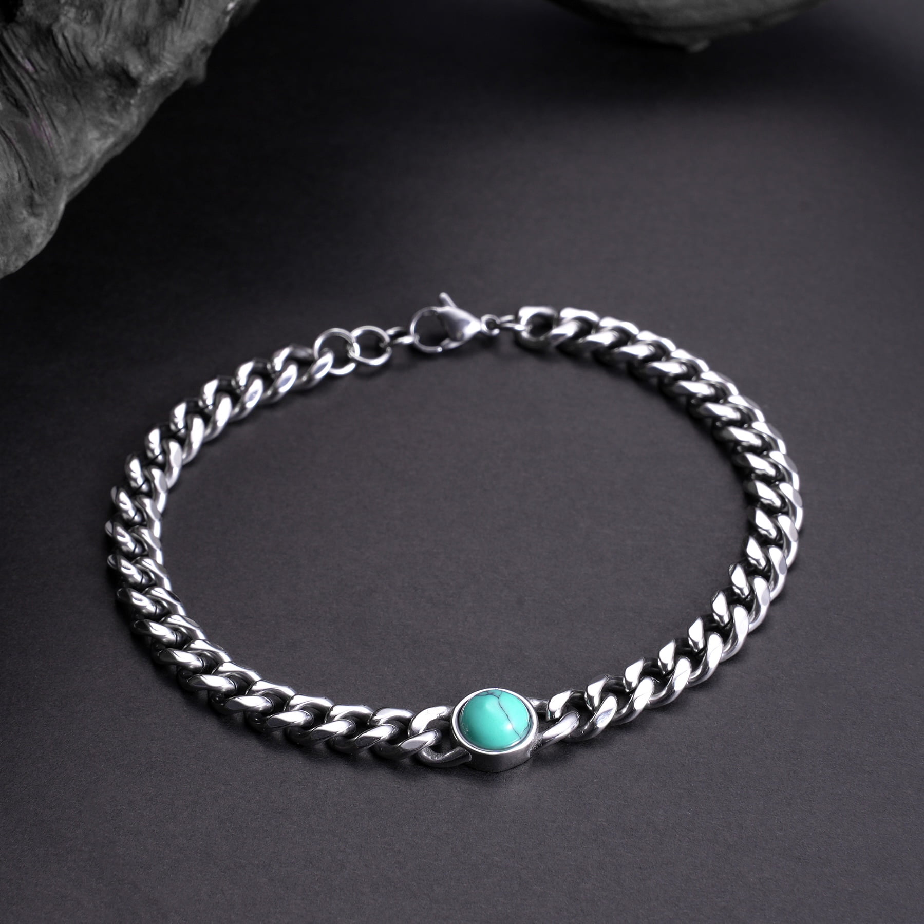 Iron Saints Men Turquoise Cuba Link Bracelets, Stainless Steel, Turquoise Accent Men Bracelet