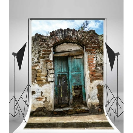 Image of GreenDecor 5x7ft Grunge Backdrop Weathered Brick Arch Wallpaper Rustic Peeled Wood Door Blue Sky White Cloud Nature Photography Background Kids Adults Photo Studio Props