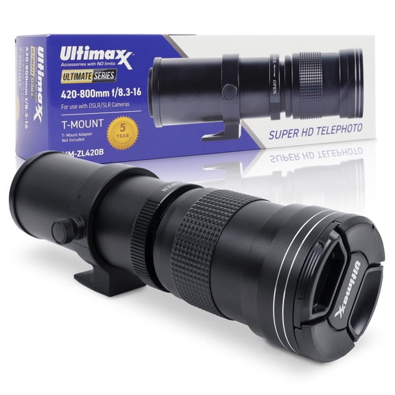 Ultimaxx 420-800mm f/8.3-16 Super HD Manual Telephoto Zoom T-Mount Lens (Black) with Integrated Rotating Tripod Mount, Soft Protective Carrying Case and Front & Rear Lens Caps