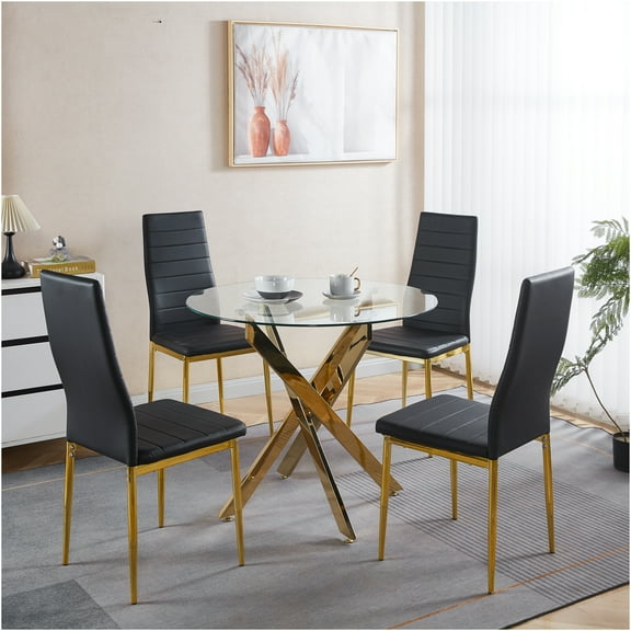 JERFIT Mid-Century Modern 5-Piece Dining Set with Glass Top Table and 4 Chairs, Black and Gold Metal Legs for Kitchen, Breakfast Nook