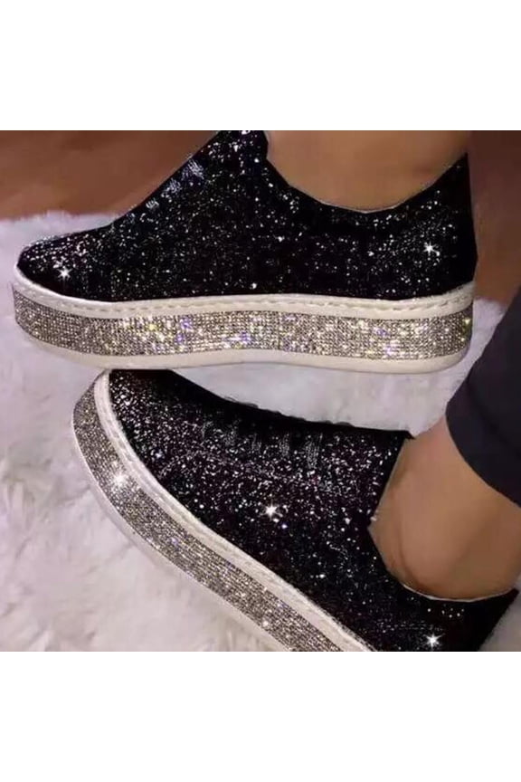Women's Glitter Tennis Sneakers Neon Dressy Sparkly Sneakers Rhinestone Bling Wedding Bridal Shoes Shiny Sequin Shoes Black-B 8.5(41)