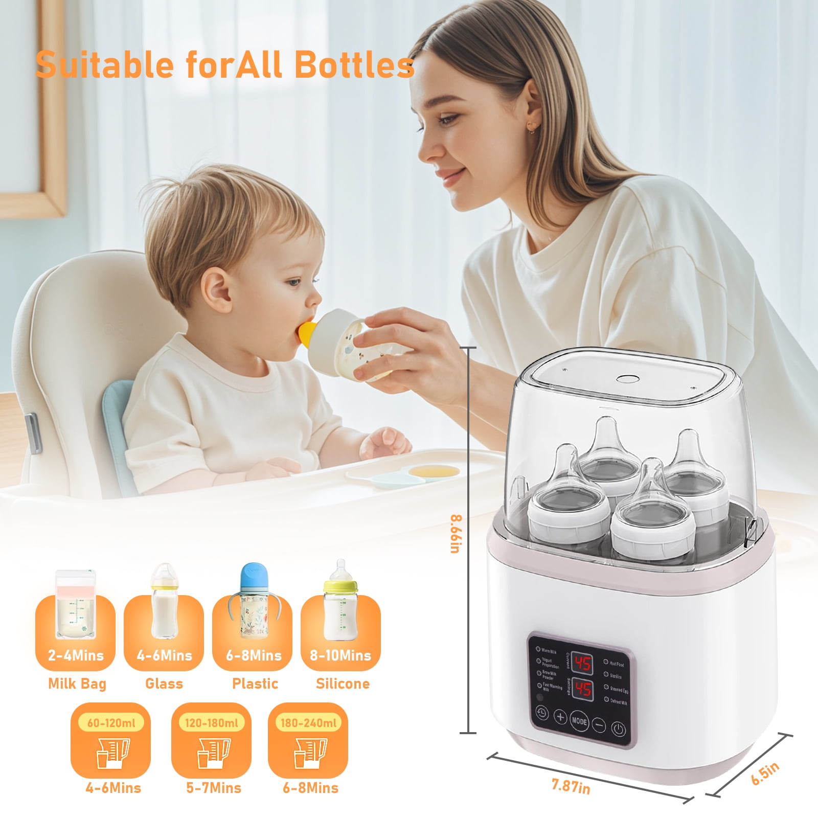Baby Bottle Warmer, 8-in-1 Fast Milk Warmer with Timer, Accurate Temp Control, Sterilizer, Defrost, Keep Warm, Heat Breastmilk & Baby Food, Fits 4 Bottles