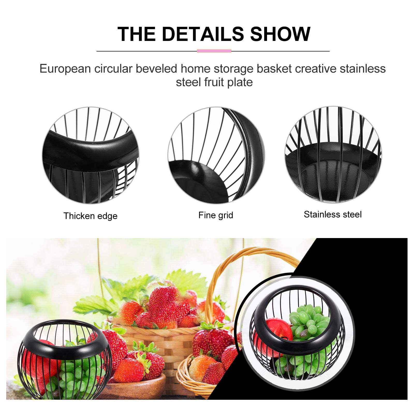 PAMINGONO Modern Black Stainless Steel Storage Basket for Kitchen Snacks, Household Organization and Sundries Storage