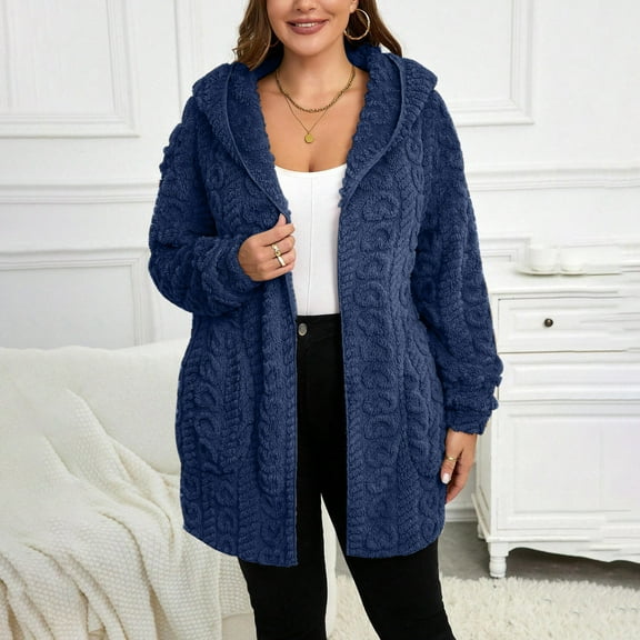YUNAFFT Cozy Fleece Hooded Jacket with Front Pockets Loose Fit Casual Outerwear for Women