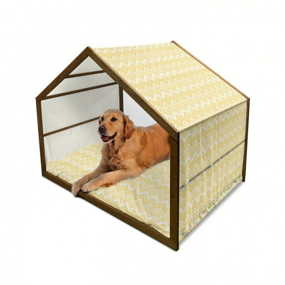 Yellow Chevron Pet House, Hand Drawn Aztec Pattern Primitive Clan Motif with Dashed Lines Artwork, Outdoor & Indoor Portable Dog Kennel with Pillow and Cover, 5 Sizes, Mustard White, by Ambesonne
