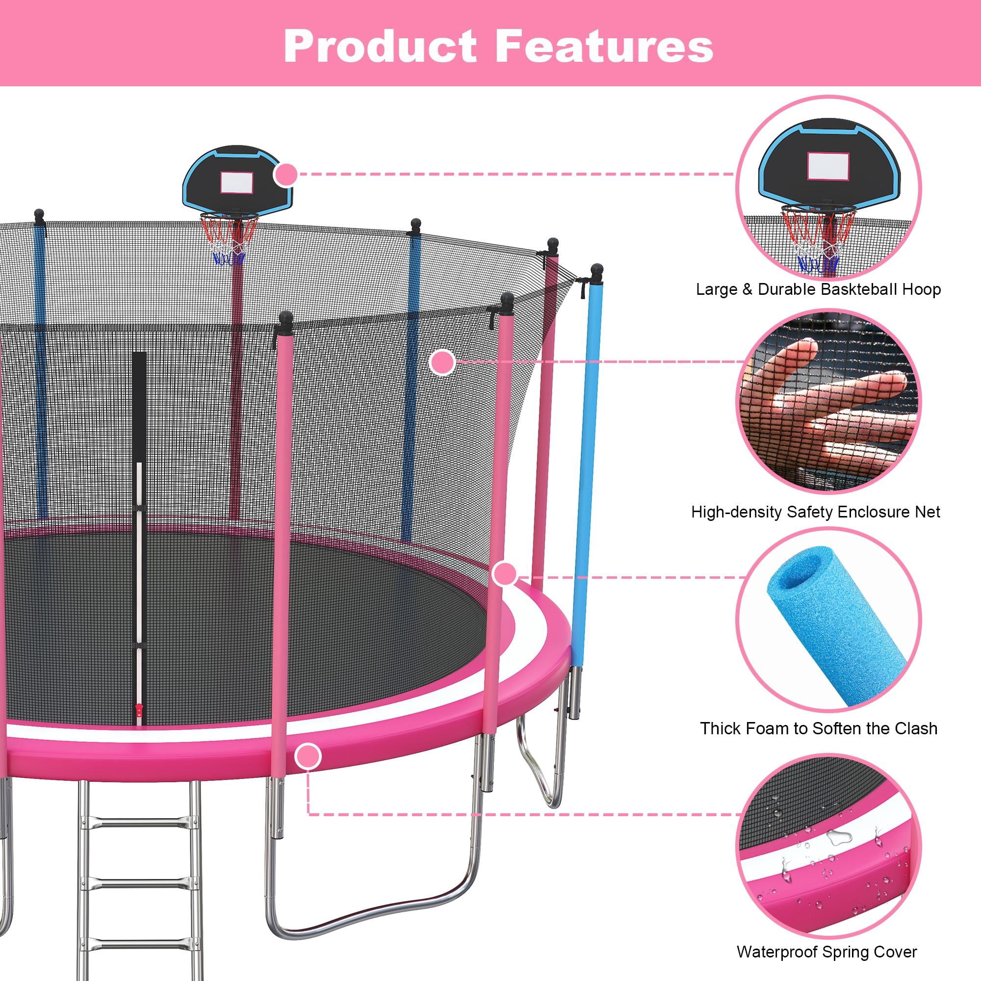 16ft Trampoline for Kids with Basketball Hoop and LED Lights, SEGMART Upgraded Kids Outdoor Trampoline with Enclosure Net and Ladder, Heavy Duty Recreational Trampoline for Indoor Outdoor Backyard