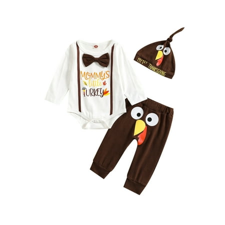 

Mxiqqpltky Baby Boys Thanksgiving Outfit Letter Print Romper Turkey Print Long Pants Hat Set