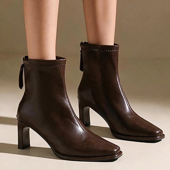 Women’s High Block Heel Back Zipper Ankle Booties, Elegant Dress Short Boots, Fashion Comfort Heeled Ankle Boots for Party Office Women Brown 9