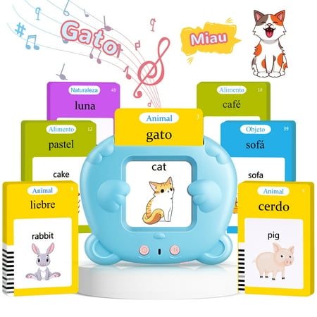 Spanish & English Talking Flash Cards for Toddlers 1 2 3 4 5 6 Toys for Kid-112 Cards 224 Words Blue