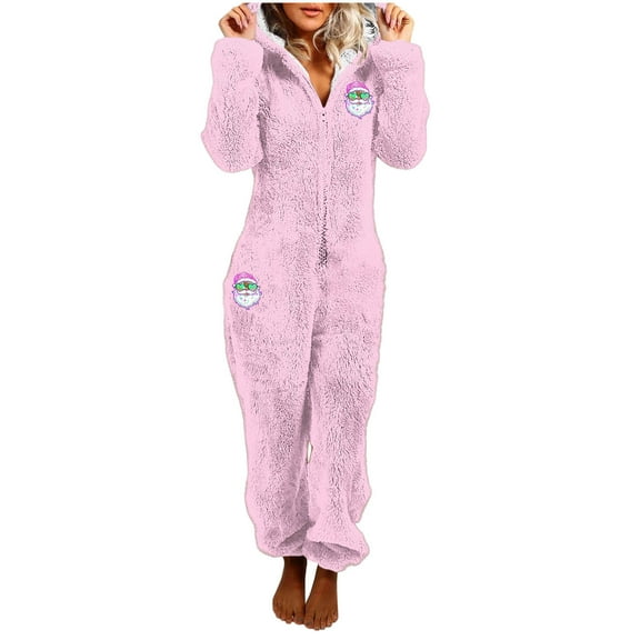One Piece Pajamas Women Fuzzy Warm Sherpa Hooded Jumpsuit Printed Fleece Christmas Pjs Onesies Winter Playsuits (XL, Pink 03)