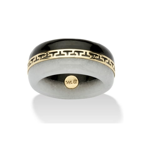 Jade White Gold Ring - Round Black and White Genuine Jade 14k Yellow Gold