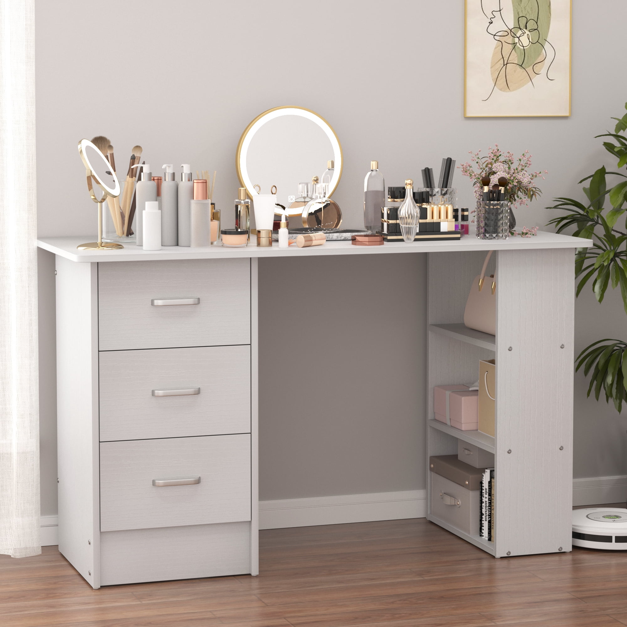 Chnnmbrn Computer Desk With Drawers,Standing Dressing Desk With Storage Racks,Writing Desk for Home Office , Bedroom,Black