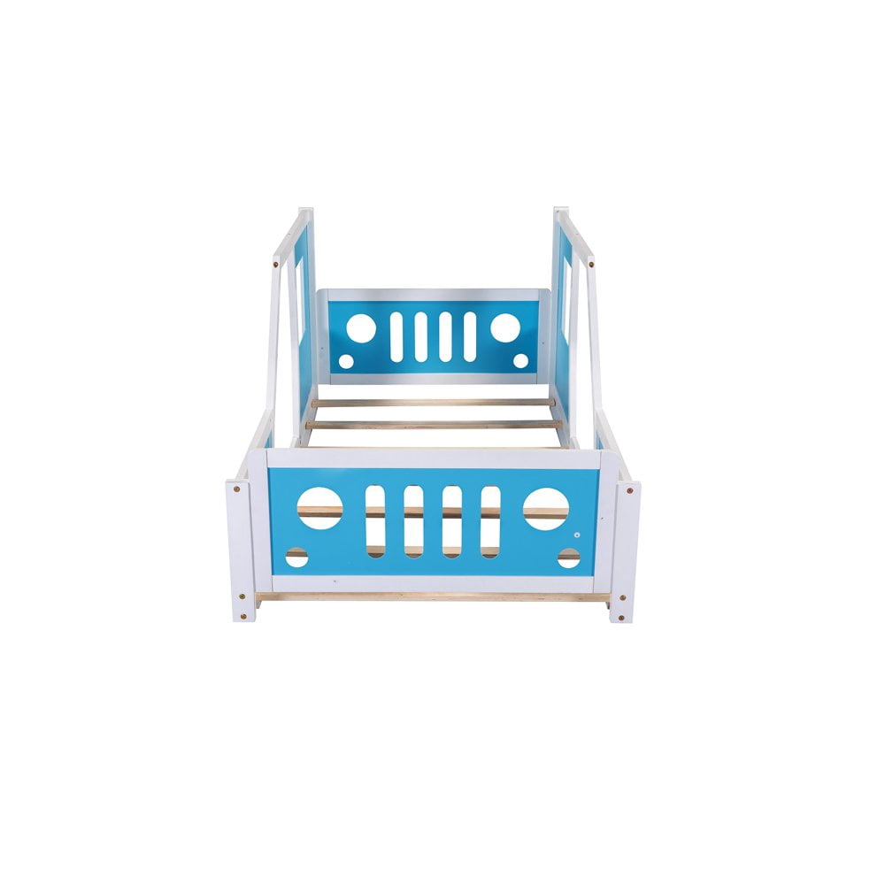 Hassch Twin Size Platform Bed Classic Car-Shaped Wooden Bed Frame with Wheels for Bedroom Playroom, Blue