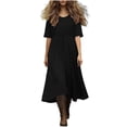 thumbnail image 2 of Smsaxvxz Summer Cotton Line Dress for Women Fashion Solid Round Neck Short Sleeve Elastic Waist Sundress Casual Loose Long Maxi Dress Black 2XL, 2 of 9