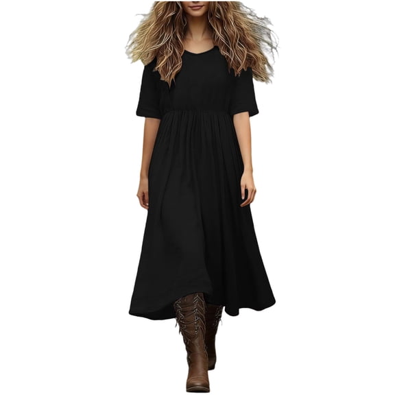 successthop Summer Beach Dresses for Women Short Sleeve Crewneck Sundress Ruched Waist Maxi Dress Plus Size Boho Black S