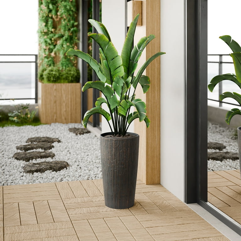 SnugNiture 20-Inch Tall Round Planters, Set of 2, Brown Tree Bark-Inspired  Decorative Large Flower Pots for Indoor & Outdoor Use