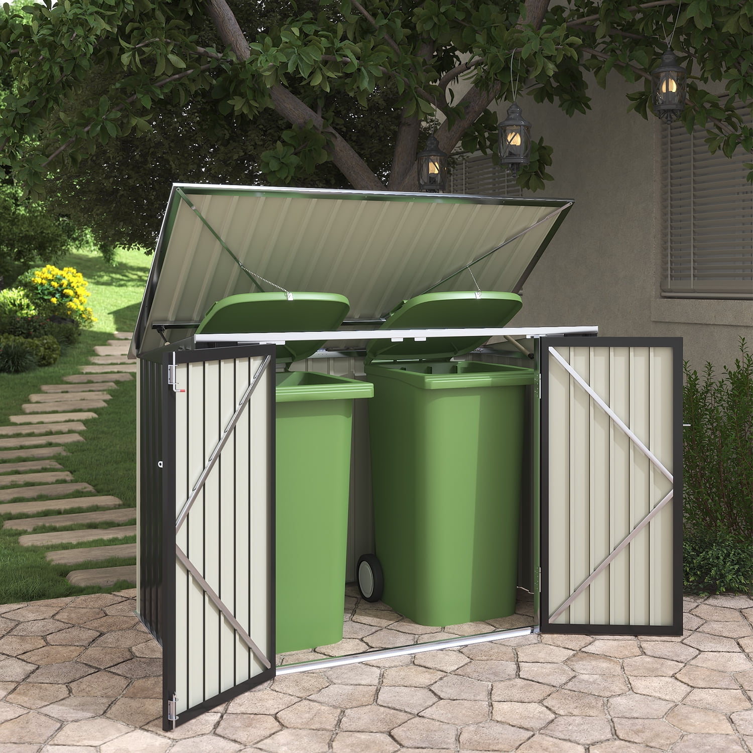 Outdoor Garbage Bin Shed for 2 Trash Cans Steel Frame for Garbage Storage