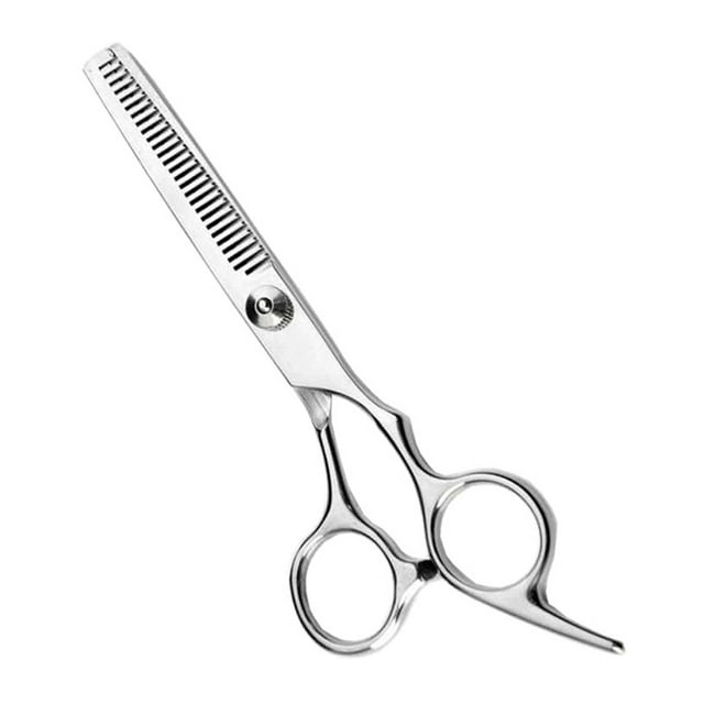 Hair Thinning Scissors Haircut Shears Barber Hair Cutting Trimming Razor Edge Teeth Blending Scissor made of handmade stainless steel. Features a unique ergonomic blade handle design with increased thumb hole height for comfort and reduced wrist pressure. The scissors have double teeth on one side for a 20-25% thinning rate and smooth sharp blades on the other side for precise cuts. Includes a custom finger hole design with integrated finger rest for optimal control. Suitable for professional barbers, hair stylists, and personal use.