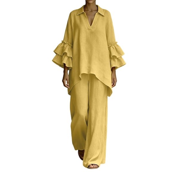 MaFYtyTPR Women's 2 Piece Outfit Sets Ruffled Sleeve Collared V-Neck Top and Wide Leg Pants Set Loose Fit Cotton Linen Suits A-Yellow L