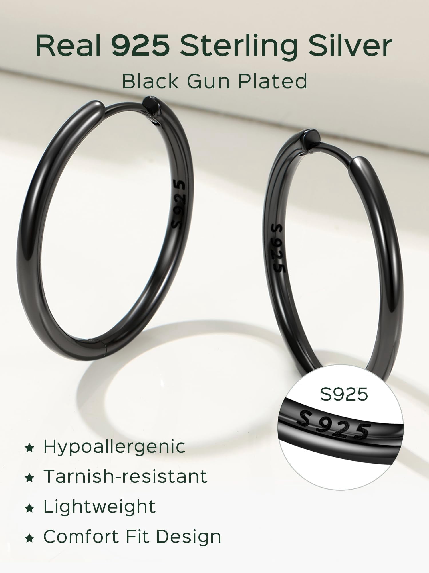 ChicSilver 20MM Black Hoop Earrings for Women Sterling Silver Huggie Earrings for Women Dainty Hoop Earring
