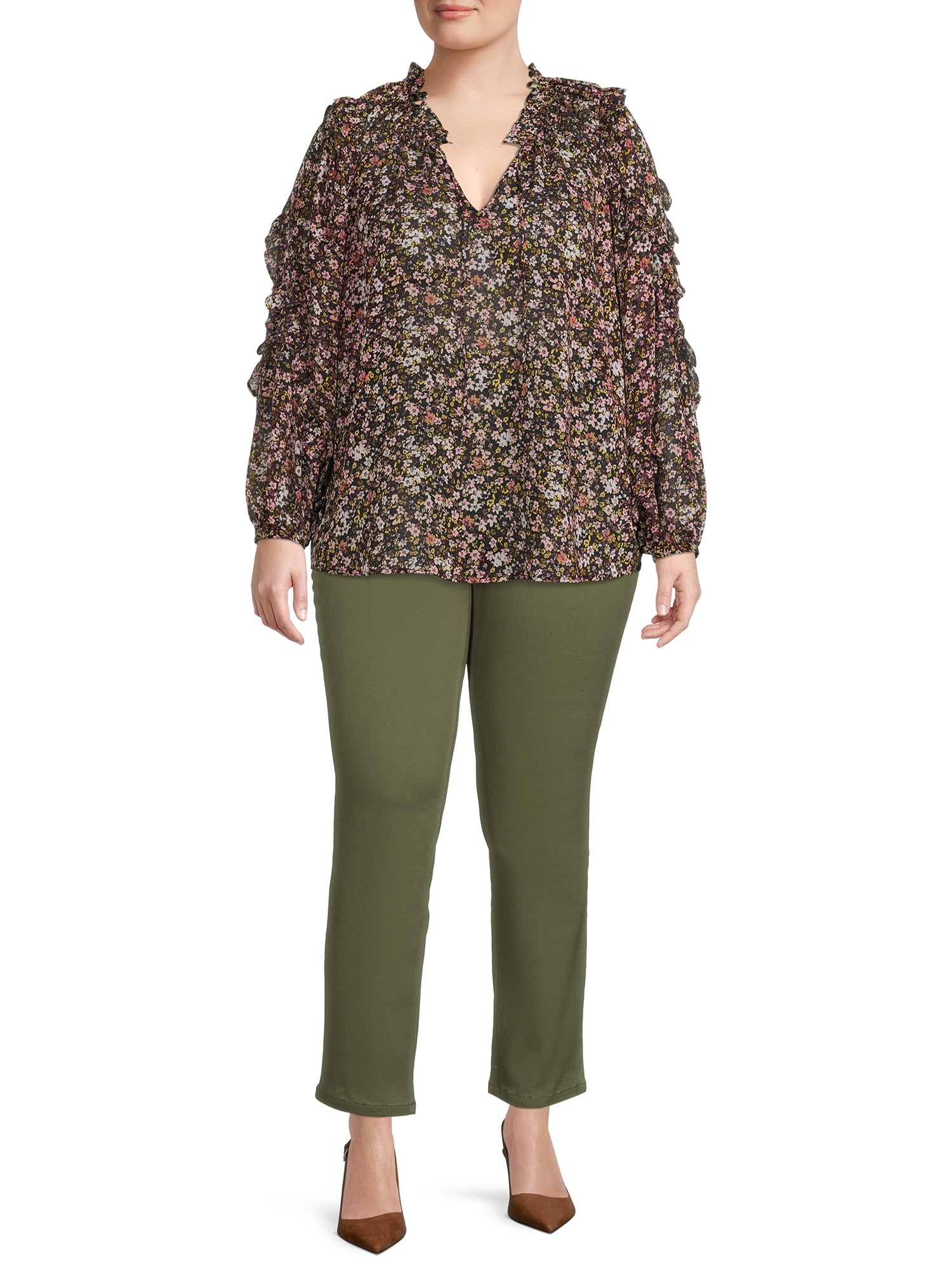 Terra & Sky Women's Plus Size Ruffled Print Top
