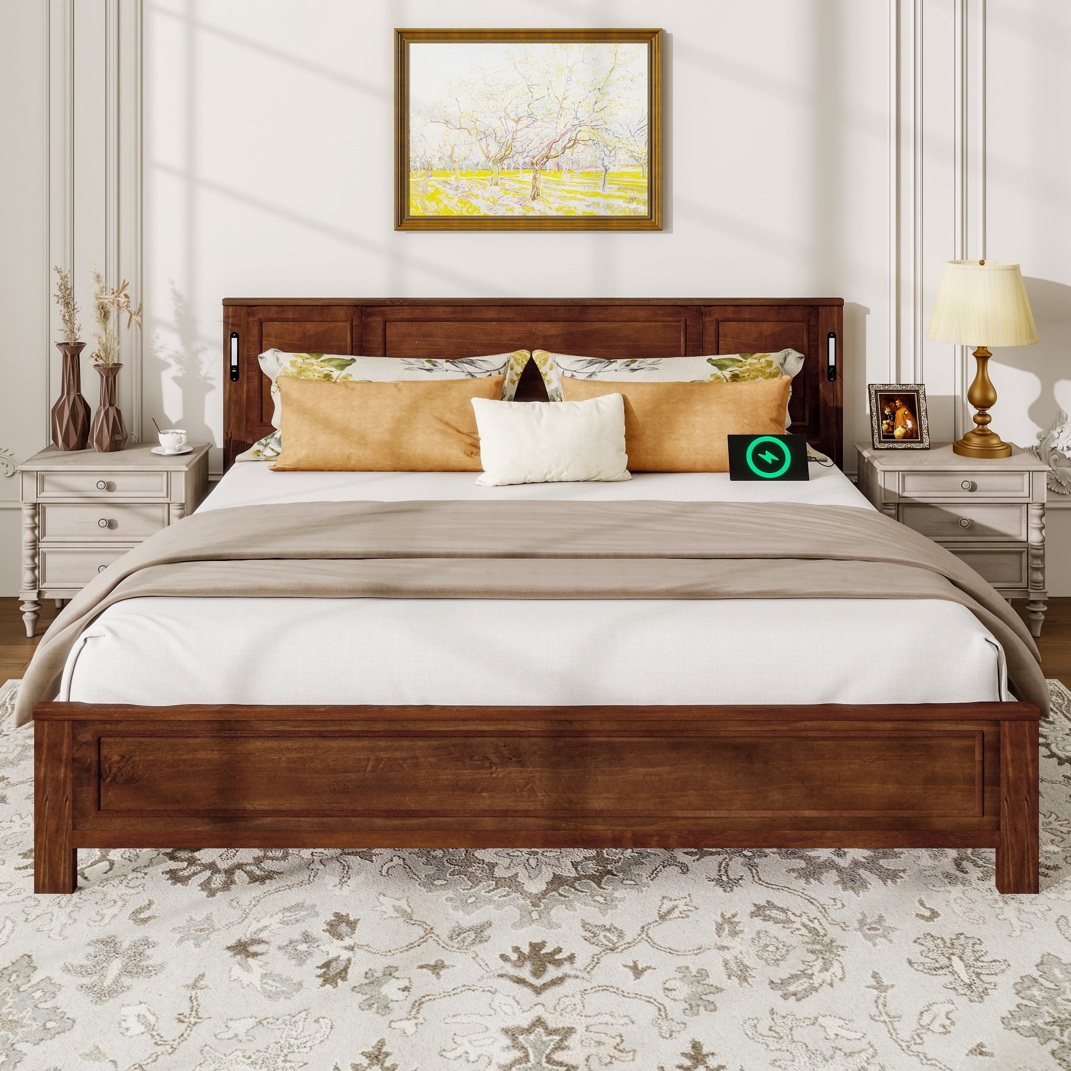 Aukfa King Size Bed Frame with LED Headboard, USB & Type-C Charging Station, Farmhouse Solid Wood Platform Bed with Pinewood Slat Support, Walnut