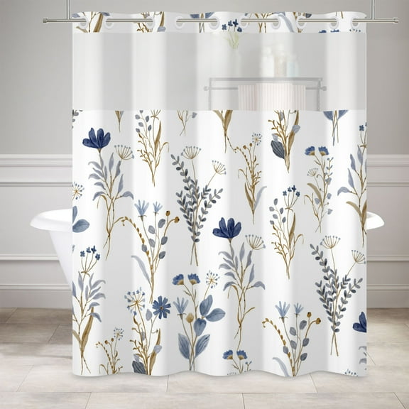 MIZHONA Shower Curtain with Snap in Liner,Blue Rustic Floral Pattern Fabric Bath Curtain,71"× 74"