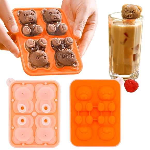Bac à Glaçons en Silicone, Moules à Glaçons Quatre en un Ours Mignon, Moules à Chocolat Réutilisables à Libération Facile pour Décorer Boissons Café Jus Cocktail Whisky Été