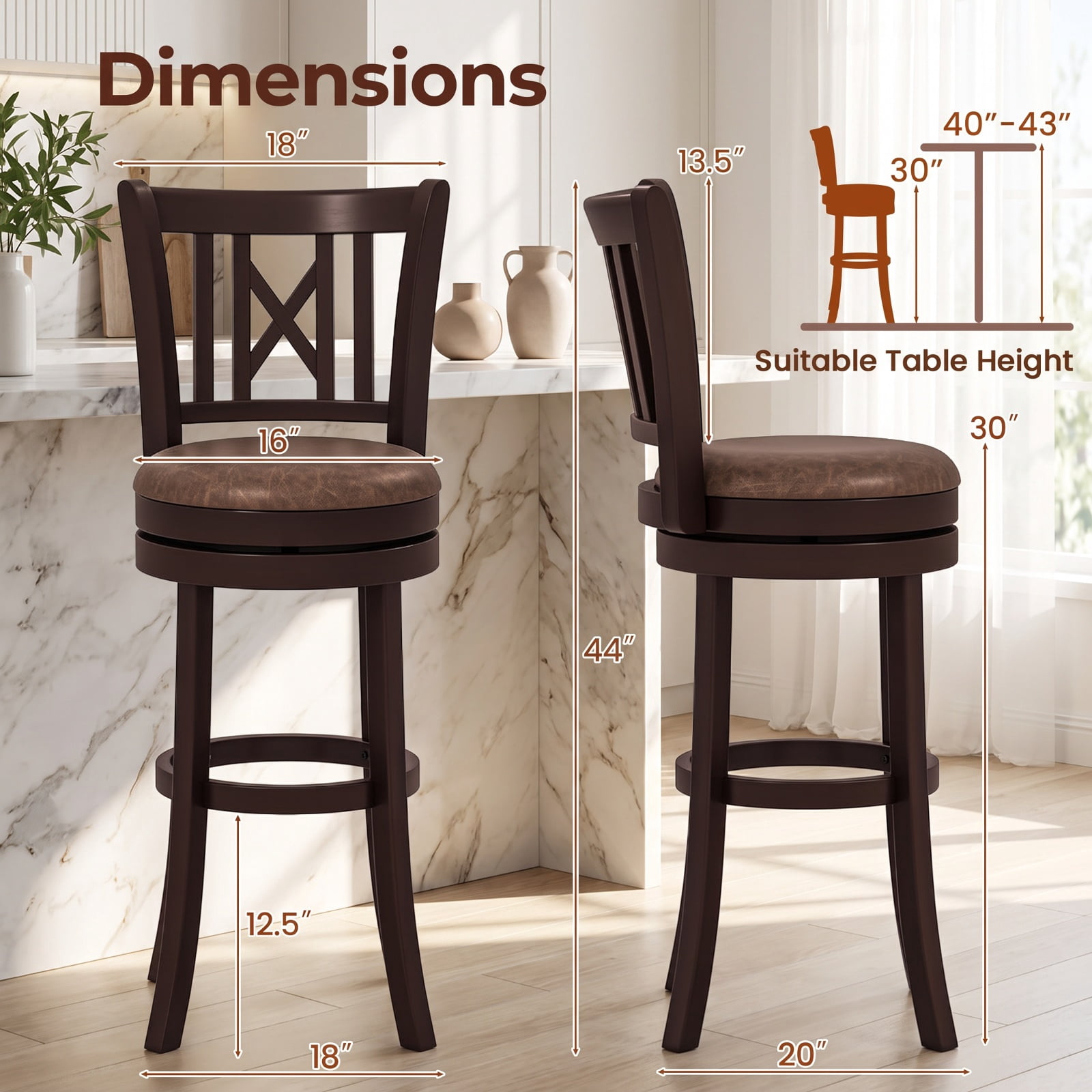 Furnibear Set of 2 Bar Stools Swivel Bar Chairs with Footrest and Hollowed Backrest-30 inches for Kitchen Island Counter Bar Pub Dining Home, Coffee