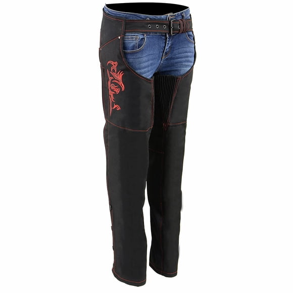 Milwaukee Leather SH1182 Chaps Textile Noir et Rouge pour Femmes avec Broderie Tribale - Petit