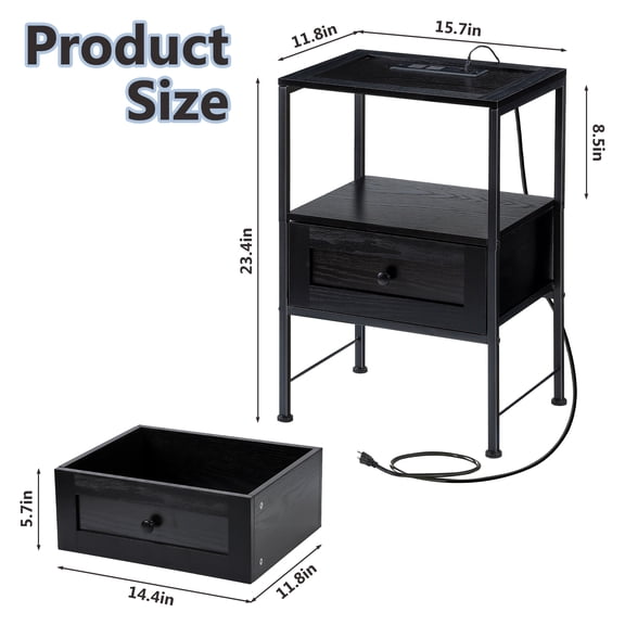 Nightstand with Charging Station Industrial End Side Table with USB Ports and Outlets, Black Bedside Table with Open Shelf and Drawer