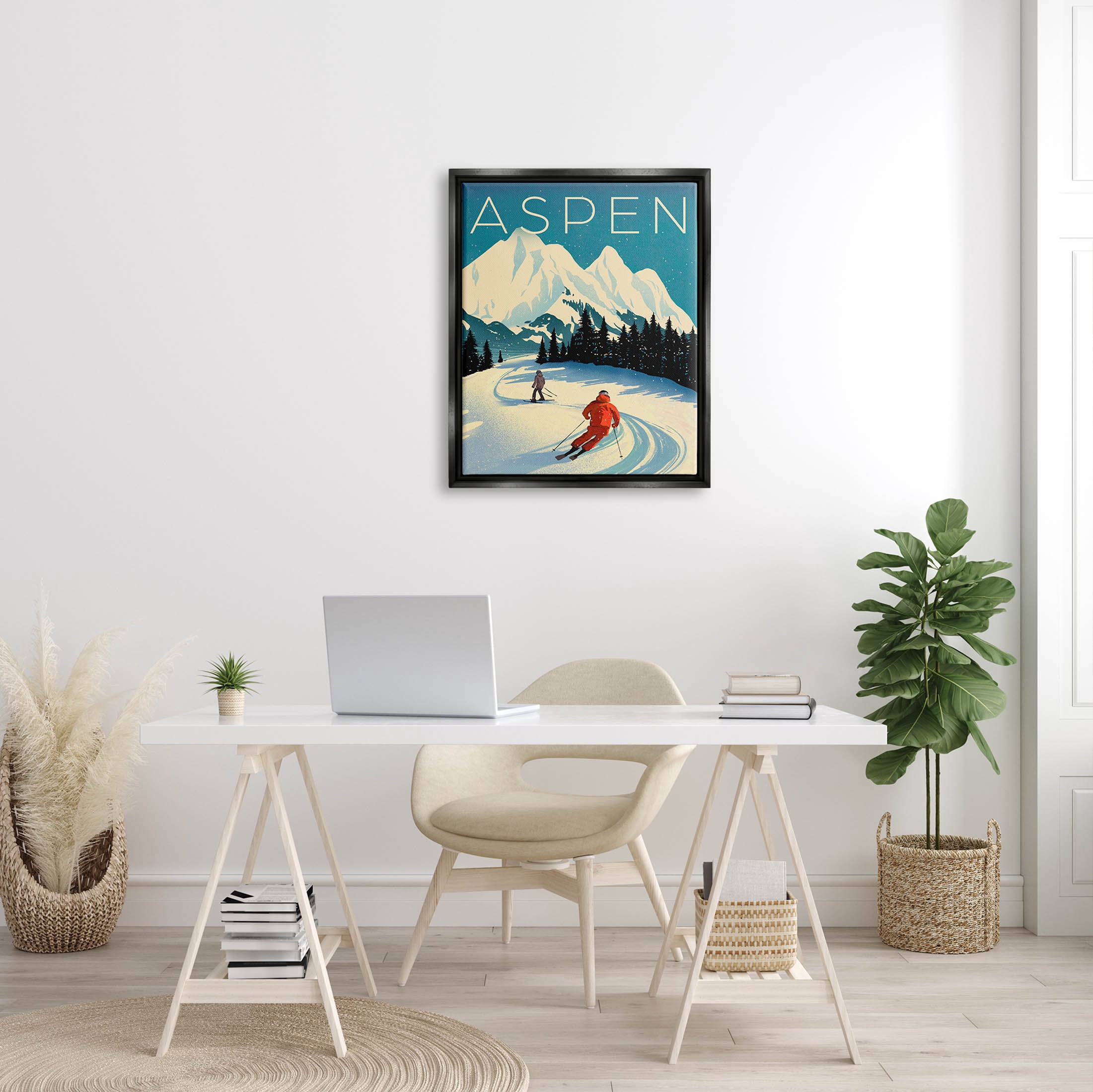 Stupell Industries Aspen Winter Ski Scene Graphic Art Jet Black Floating Framed Canvas Print Wall Art, Design by Ziwei Li