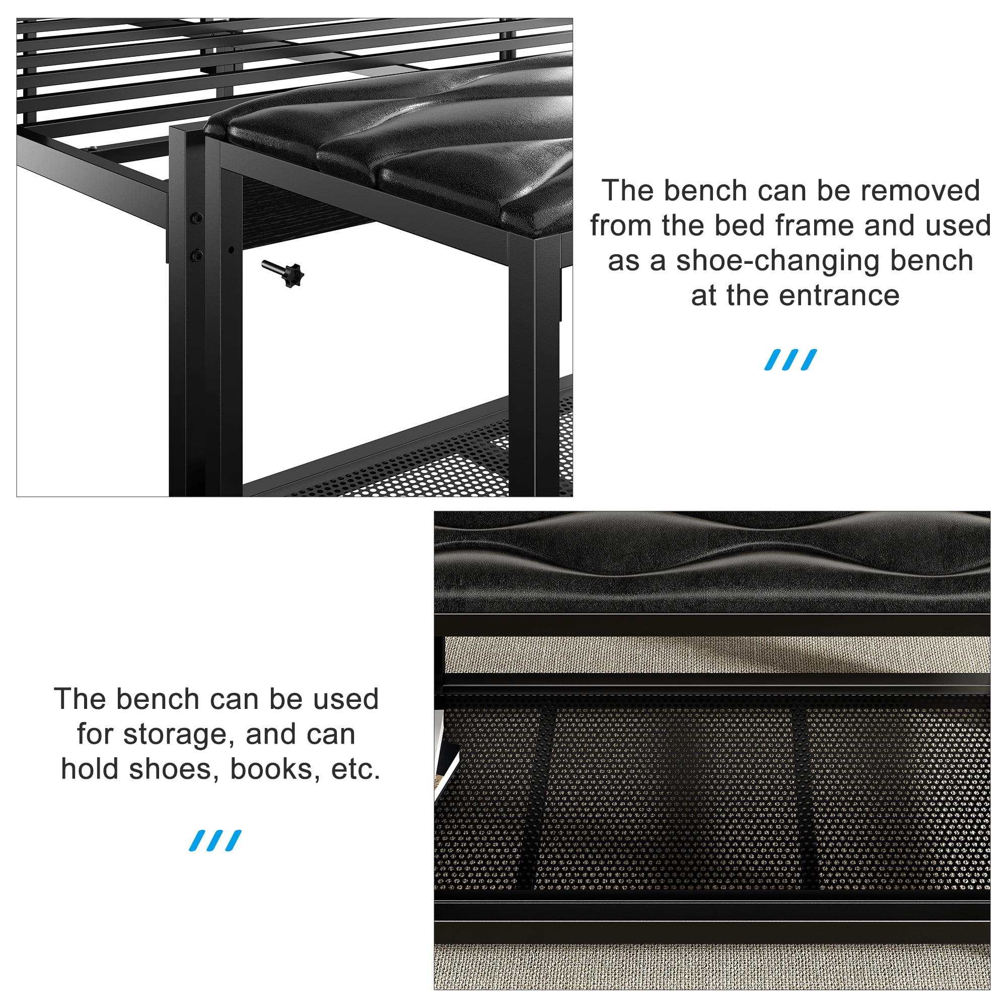 VECELO 2-Piece Bedroom Sets, Queen Size Bed Frame with Storage Bench, Leather Bedframe with Charging Stations, Black