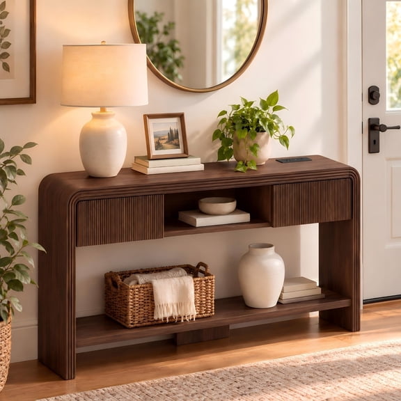 Console Sofa Table for Entryway, 63" Foyer Tables for Living Room End Table Farmhouse Couch Table Behind Sofa with 2 Drawers,Open Storage Space, Large Shelf for Hallway, Walnut