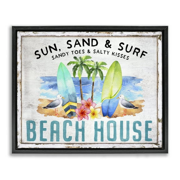 Stupell Industries Vintage Sun Sand & Surf Nautical & Beach Painting Black Floater Framed Canvas Art Print Wall Art, 21 x 17