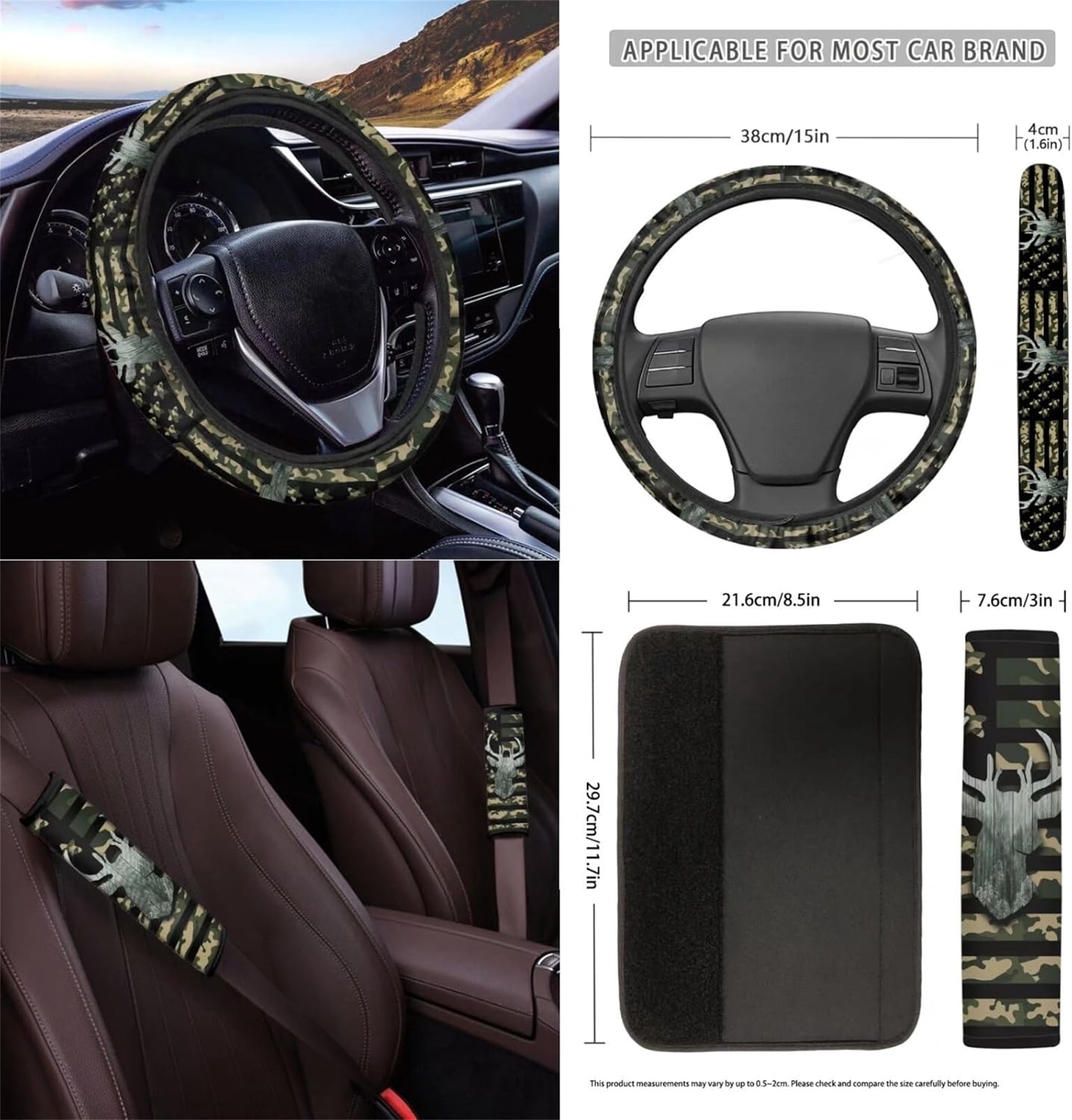 Jeiento Deer 12 Pcs Car Seat Cover Set with Front Car Seat Cover Steering Wheel Armrest Cover Seat Belt Pads Garbage Can Air Vent Pouch Rearview Mirror Cover Coaster Keychain American Flag Camo