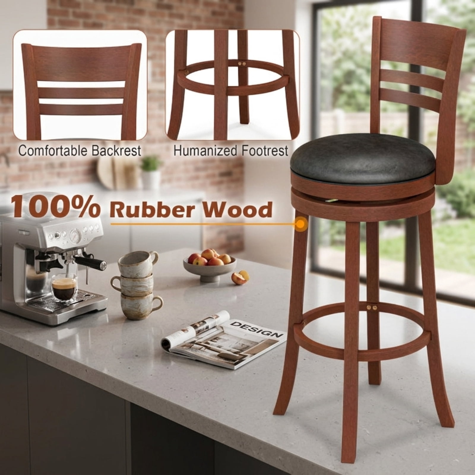 Furnibear Set of 2 360° Bar Stools with PU Upholstered Seats for Kitchen Island Counter Bar Pub Dining Home, Brown