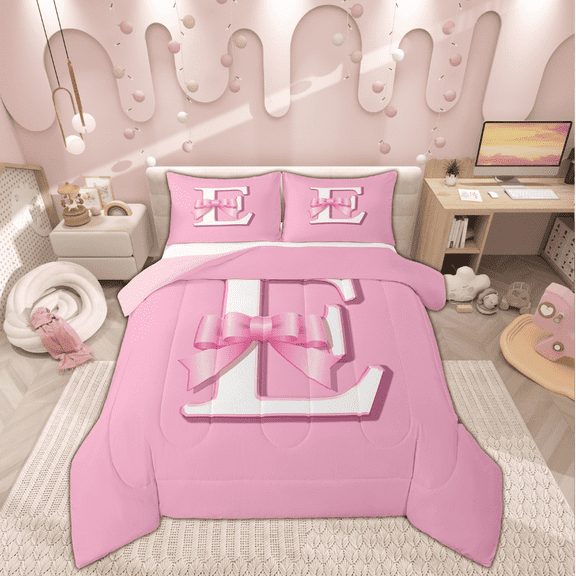 Feelyou Monogrammed E Bedding Sets Twin with Comforter, Initial Letter Duvet Insert, Pink Bow Reversible Down Comforter, Super Cozy Bedroom Decor, 2-Piece