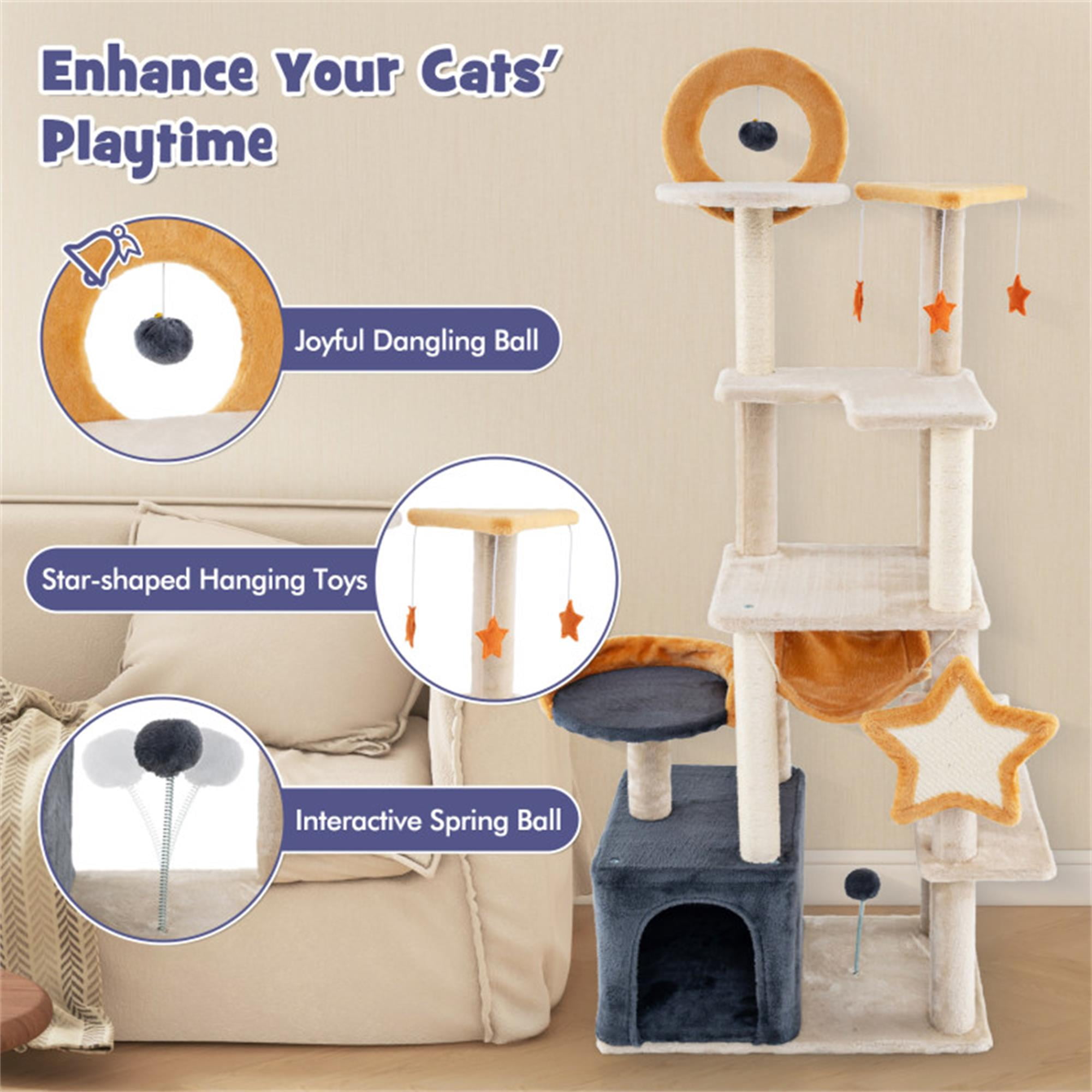 Kadyn 63" Could Cat Tree for Indoor Cats, Cat Condo with Cat Scratching Post and Board, Cat Tower for Kitten with Dangling Balls, Beige