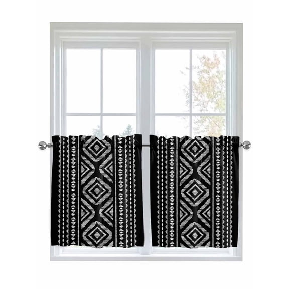 Half Window Curtain 36 Inches Long, Black Boho Geometric Window Treatment Curtain Drapes, Vintage Southwestern Stripes Small Tier Curtains for Bathroom Over Sink, 27.5"x36", 2 Panels