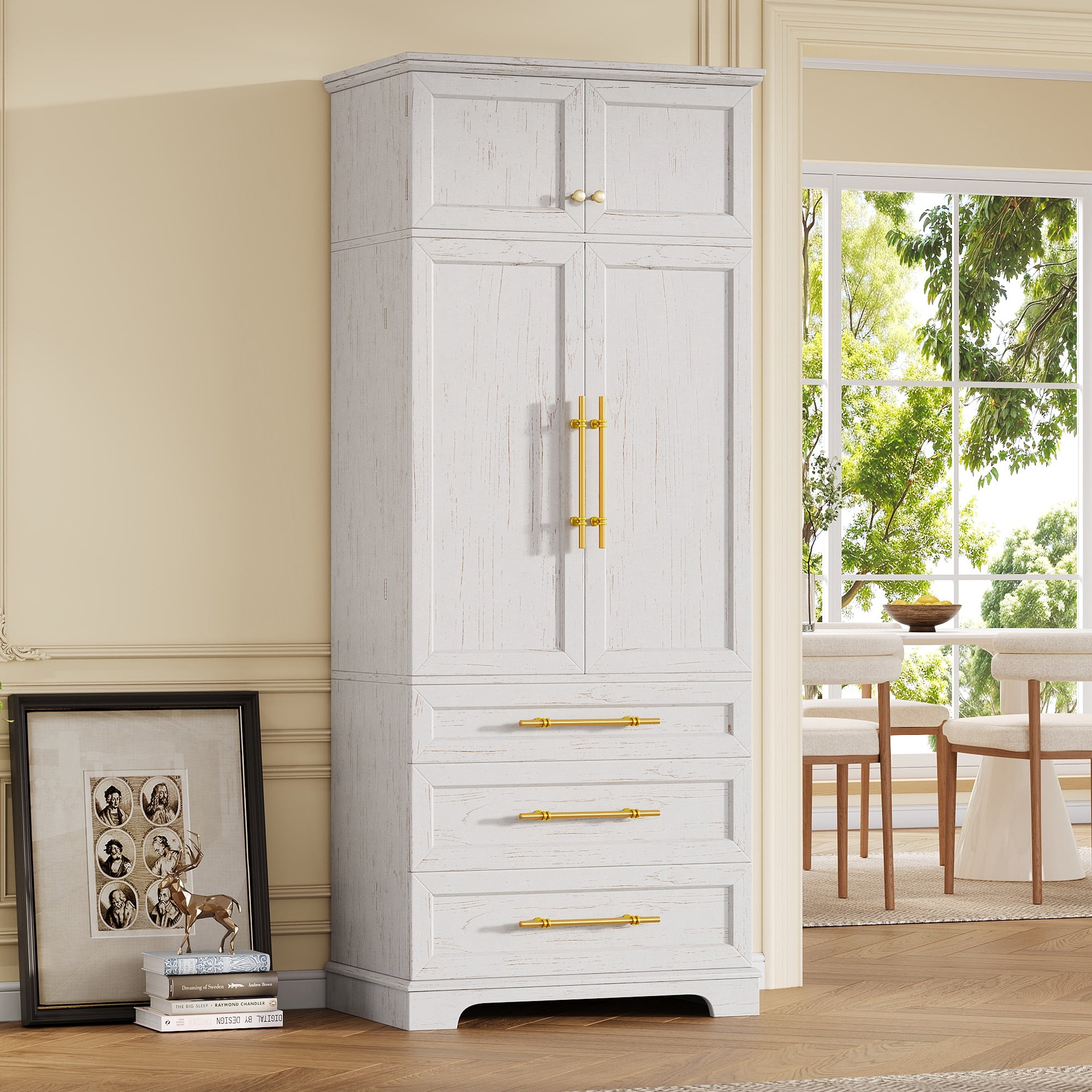 Mintazer 78" Tall Farmhouse Pantry Cabinet with Adjustable Shelves & Door Shelves, Freestanding Storage Cabinet with 3 Large Drawers & Gold Hardware for Kitchen Dining Room Living Room, White