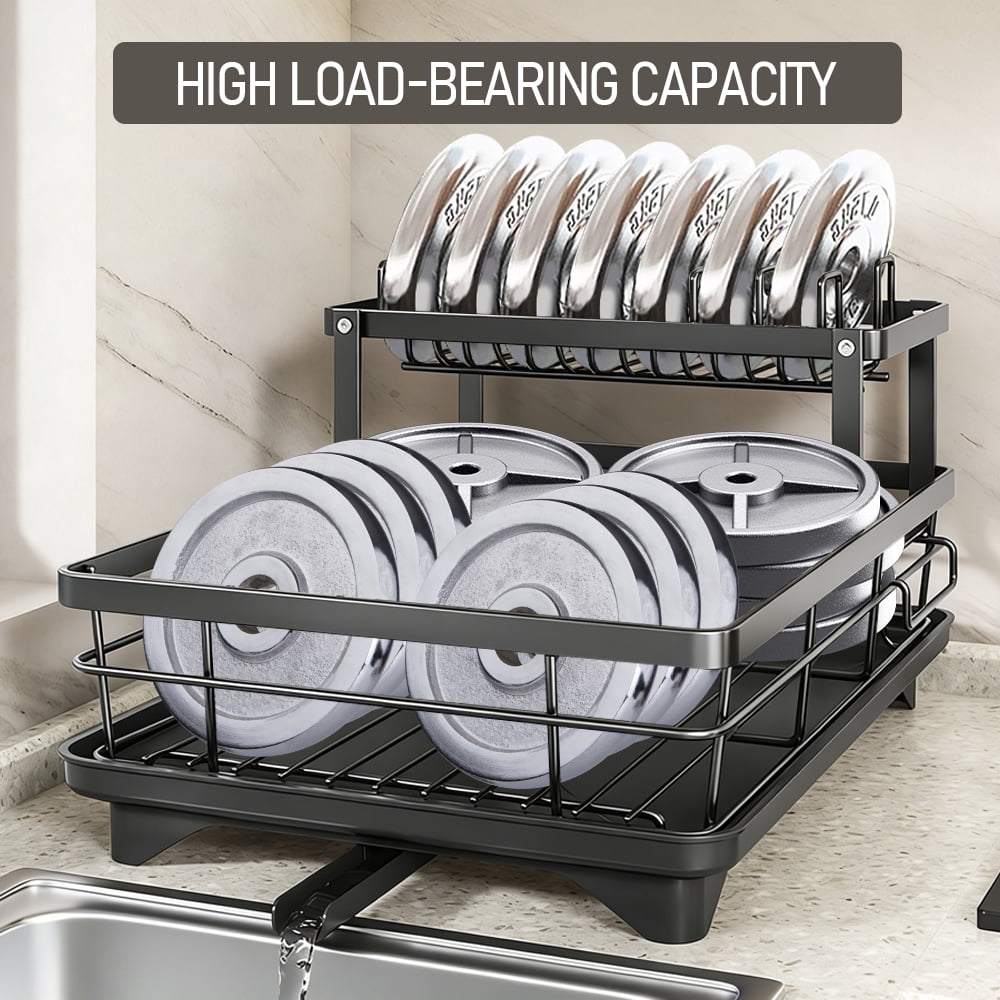 XMZHOU Dish Drying Racks for Kitchen Counter Carbon Steel Space-Saving 2 Tiers Bowl and Plate Storage Rack Kitchenware Countertop Organizer, Black