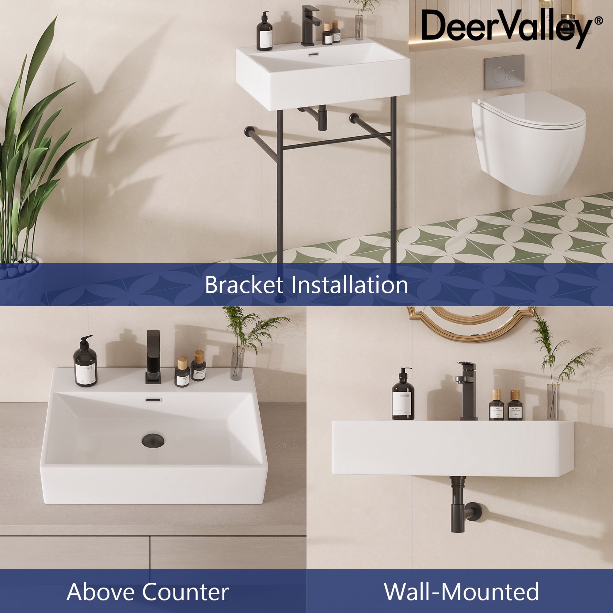 24" White Rectangular Console Bathroom Sink with Overflow
